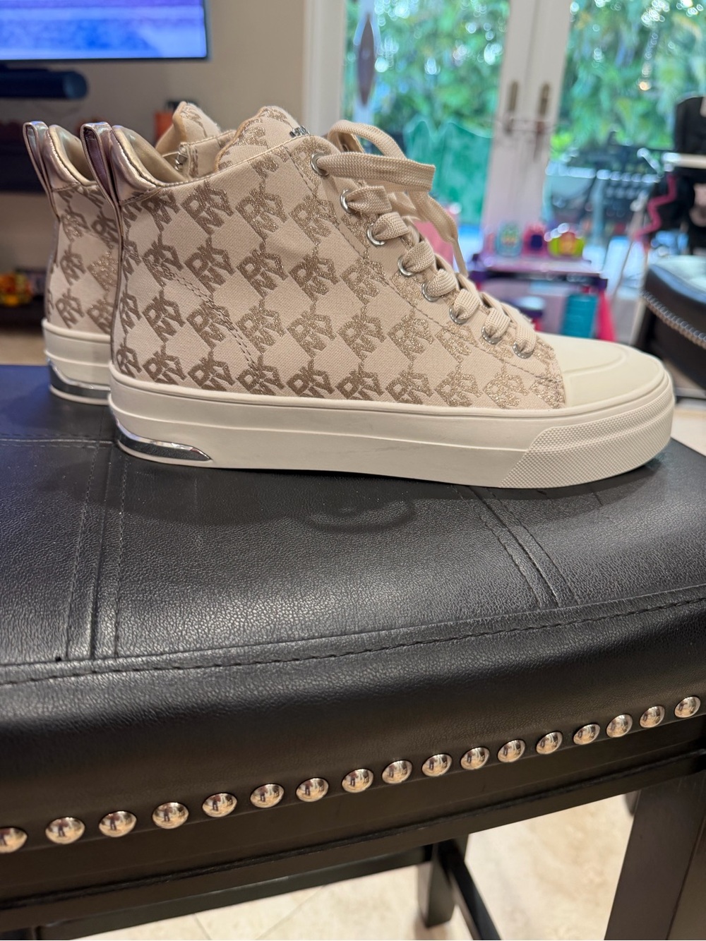 DKNY Beige Logo Canvas High-Top Sneakers